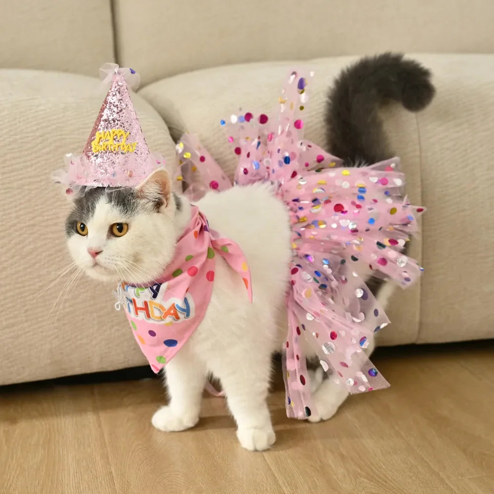 Pet Birthday Party Costume Set 3Pcs Tutu Skirt Hat Bandana