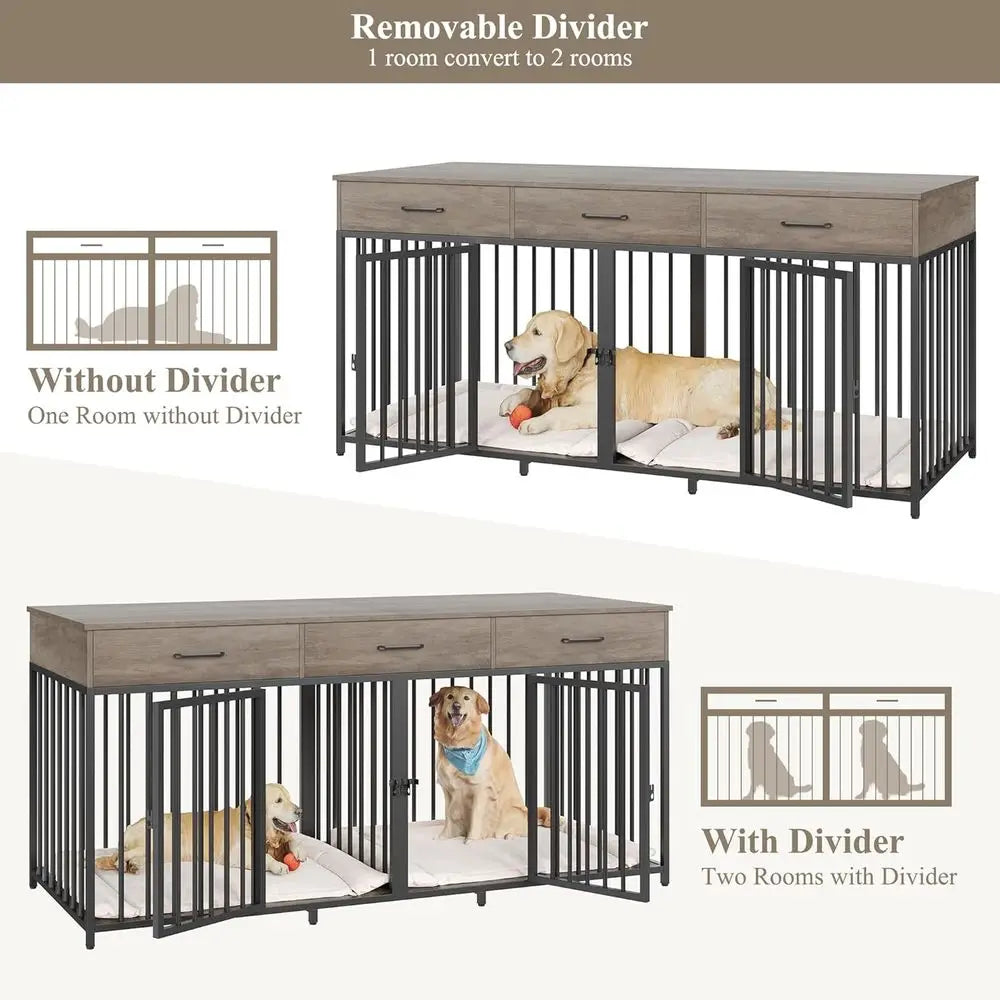 Furniture Style Double Dog Crate With Tabletop And Storage Drawers