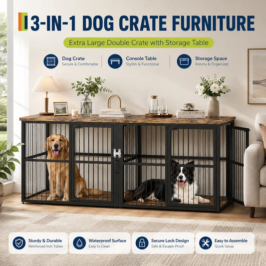 Wooden Double Dog Crate Furniture With Divider Lockable Cabinet