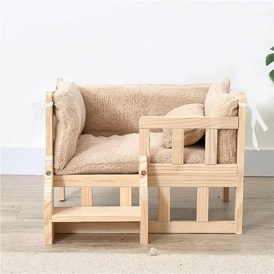Raised Dog Bed With Solid Wood Frame And Removable Cushion