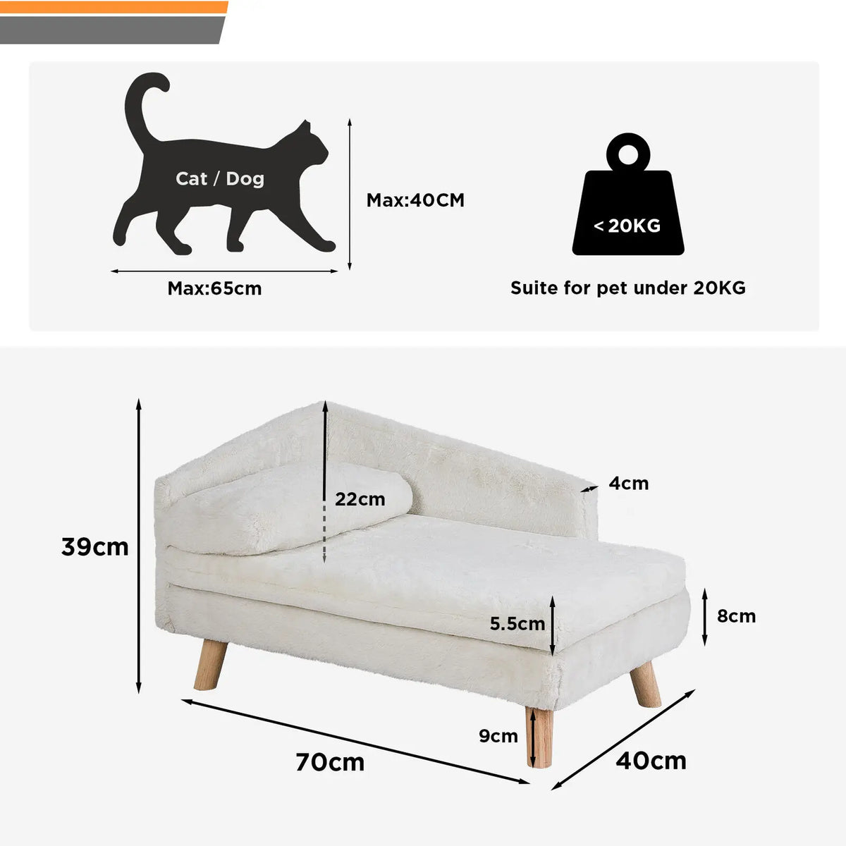 L-Shaped Elevated Pet Bed with Solid Wood Legs and Cushion.