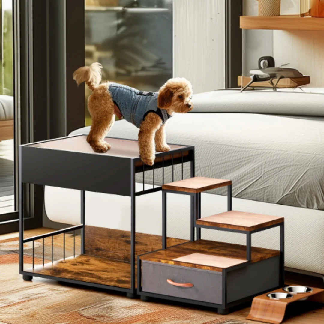 Elevated Dog Bunk Bed With Integrated Pet Stair And Storage