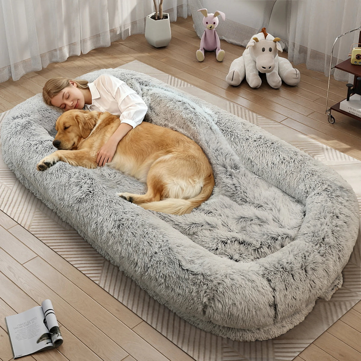 Spacious Human Dog Bed With Orthopedic Faux Fur Removable Cover
