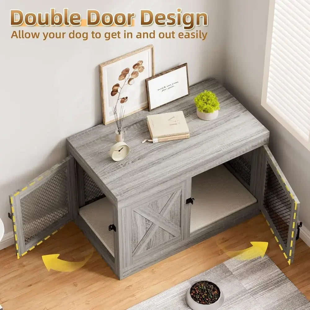 Indoor Wooden Lockable Double Door Dog Kennel Includes Cushion