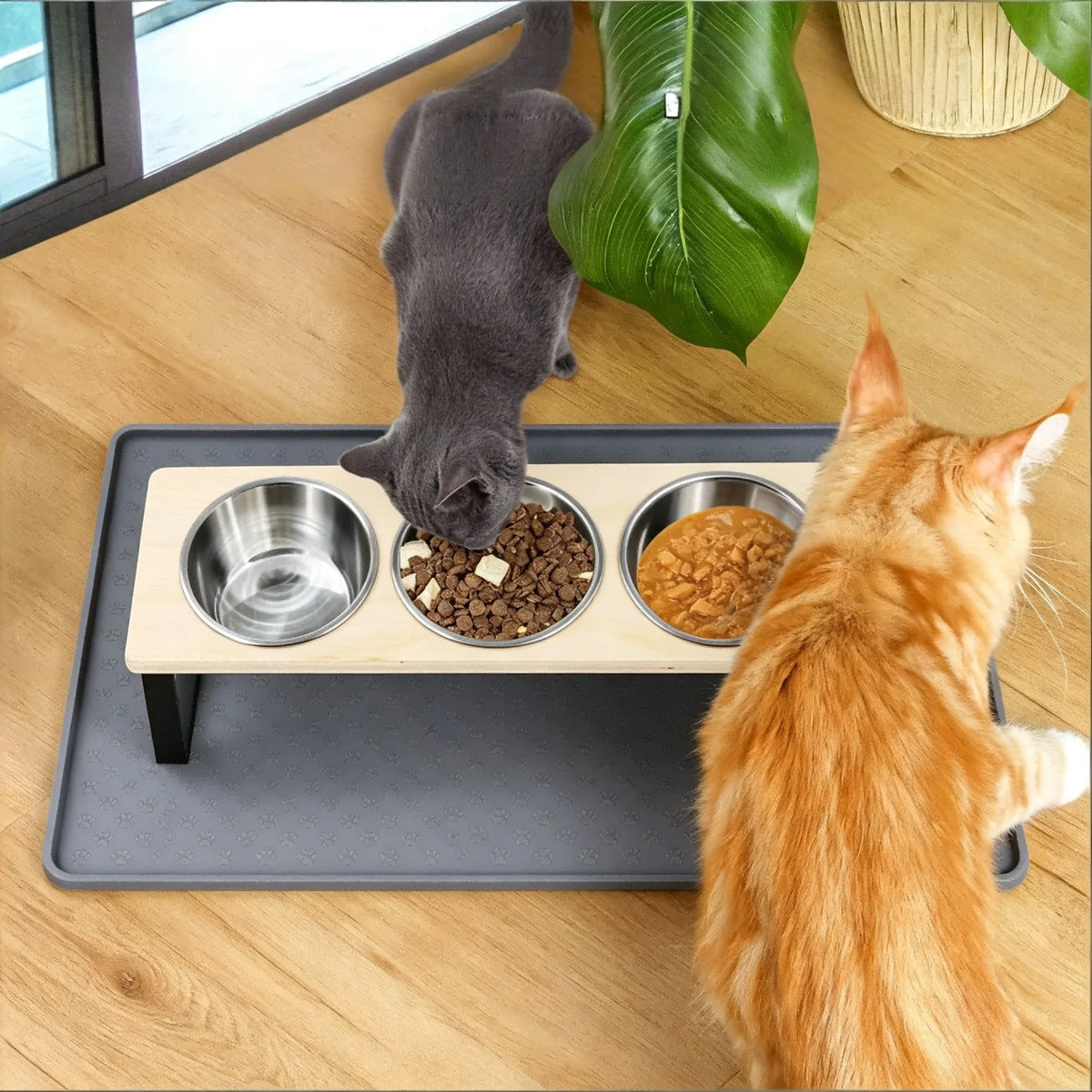 Elevated Bamboo Cat Feeder With Stainless Steel Bowls And Mat