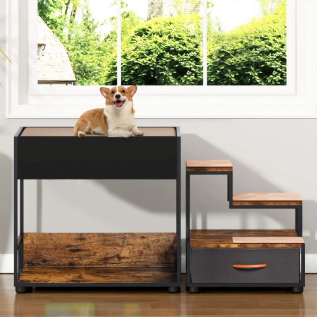 Elevated Dog Bunk Bed With Integrated Pet Stair And Storage