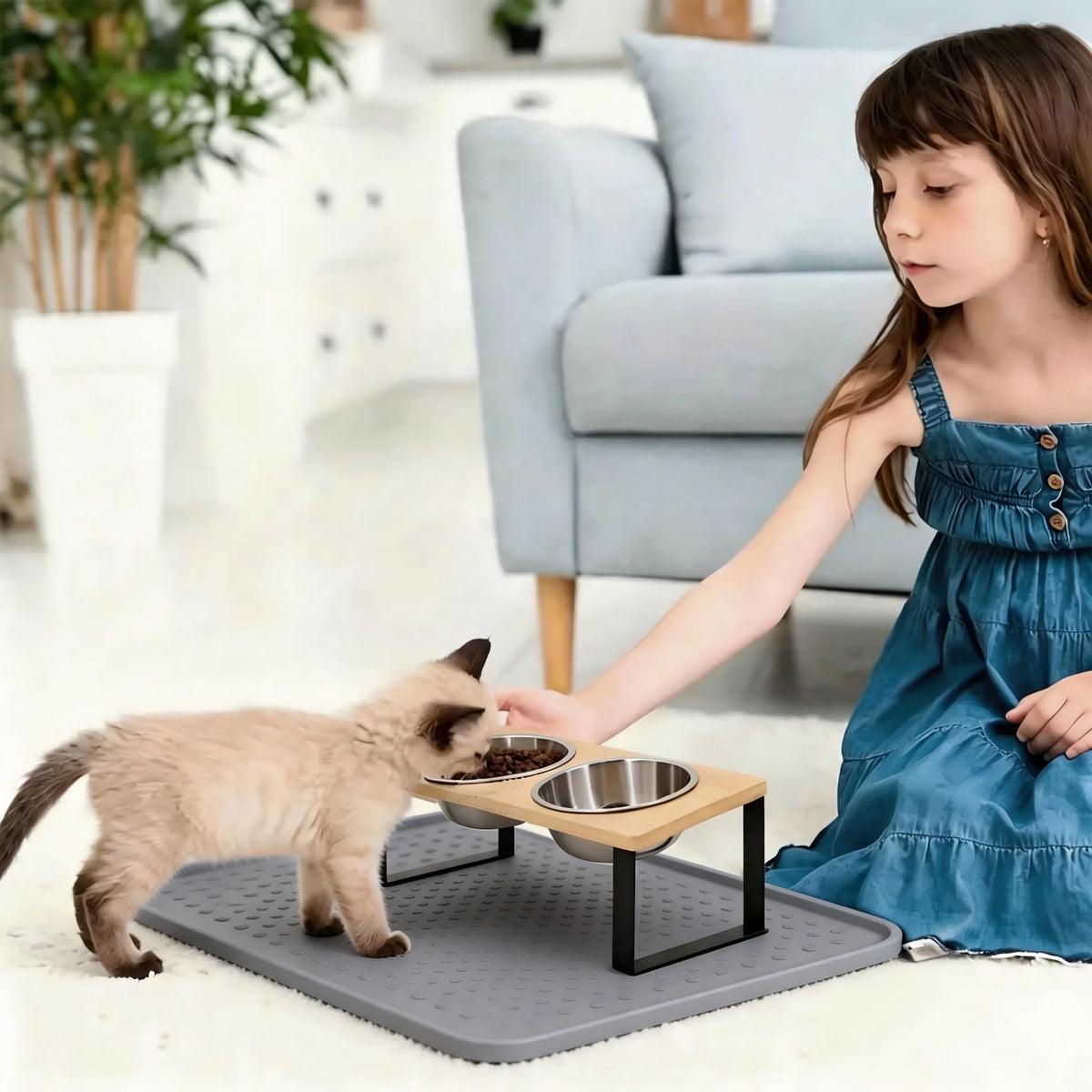 Elevated Wooden Stand Stainless Steel Raised Cat Food Bowl
