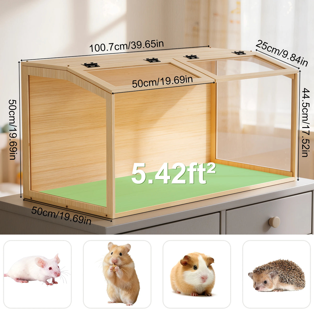 Natural Wood Hamster Cage with Glass Panels and LED Light