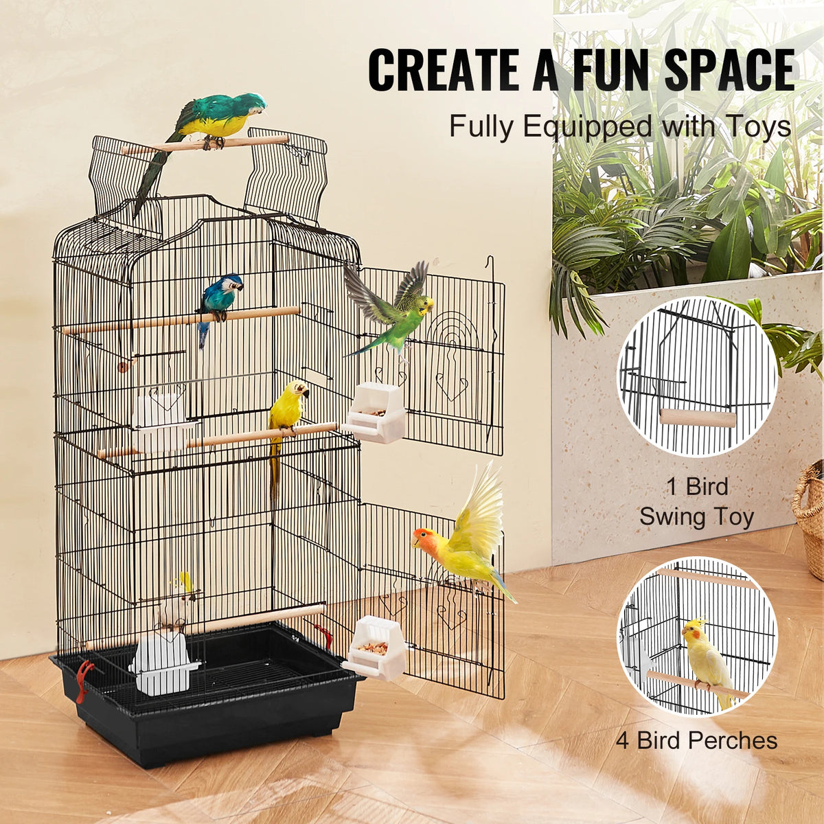 SucceBuy Spacious Open Top Hanging Bird Cage With Swing And Perch