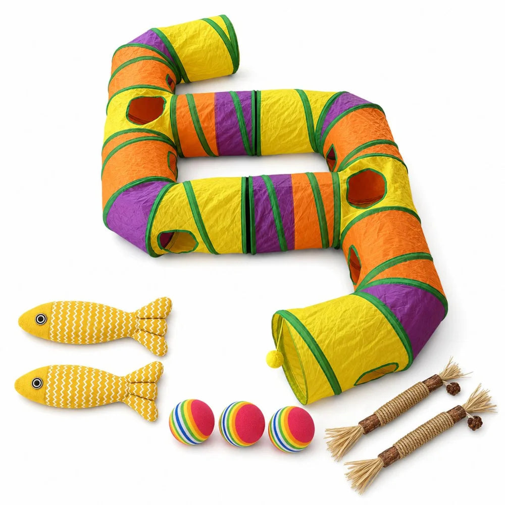 Zoe Foldable Double E Cat Tunnel Play Maze With Toys