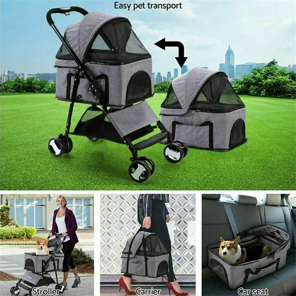 Foldable Pet Dog Stroller With Four Wheels And Rain Cover