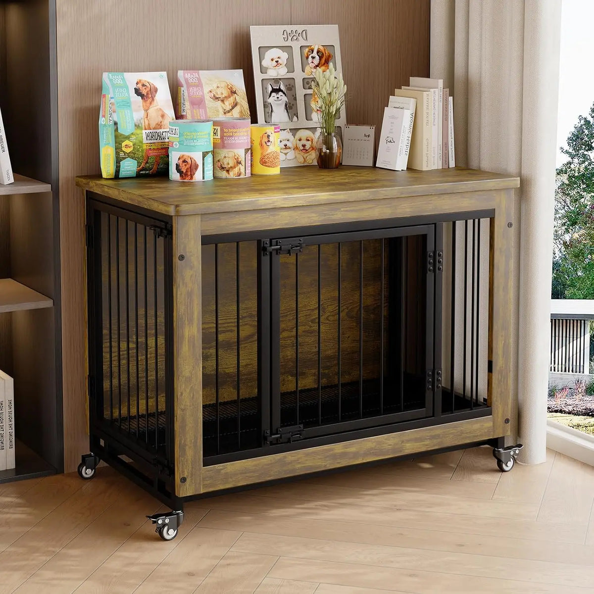 Anixol Wooden Dog Crate Furniture End Table With Locking Wheels
