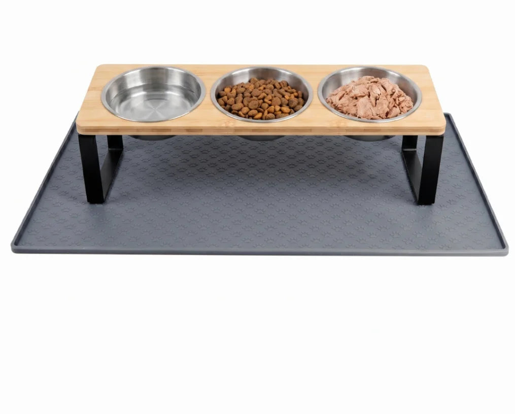 Elevated Bamboo Cat Feeder With Stainless Steel Bowls And Mat