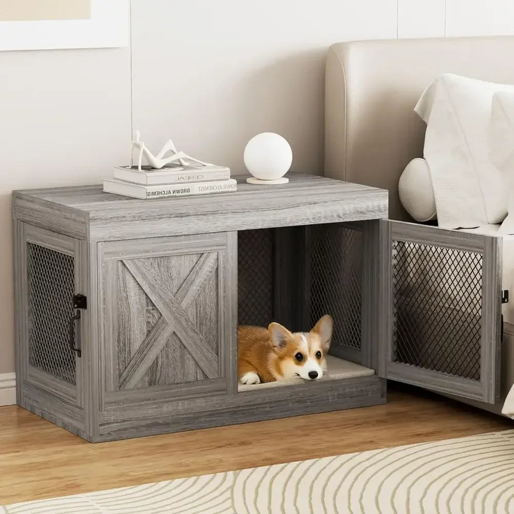Indoor Wooden Lockable Double Door Dog Kennel Includes Cushion
