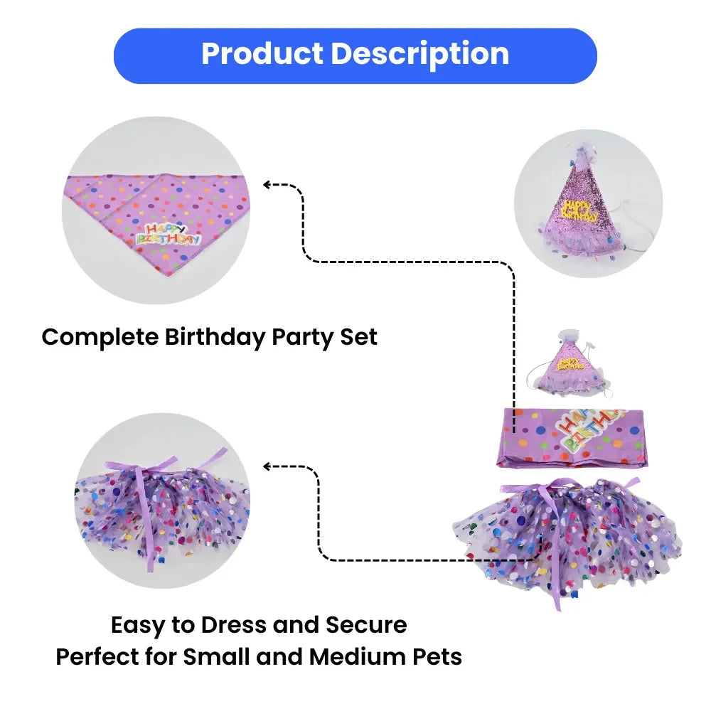 Pet Birthday Party Costume Set 3Pcs Tutu Skirt Hat Bandana