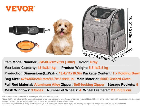 Wheeled Pet Carrier Backpack With Telescopic Handle And Shoulder Strap