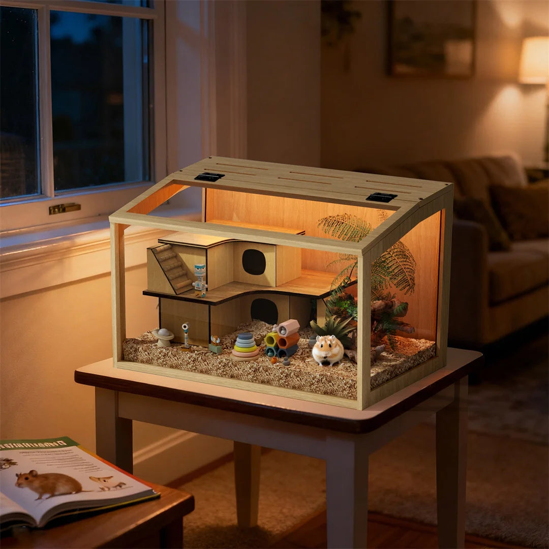 Natural Wood Hamster Cage with Glass Panels and LED Light