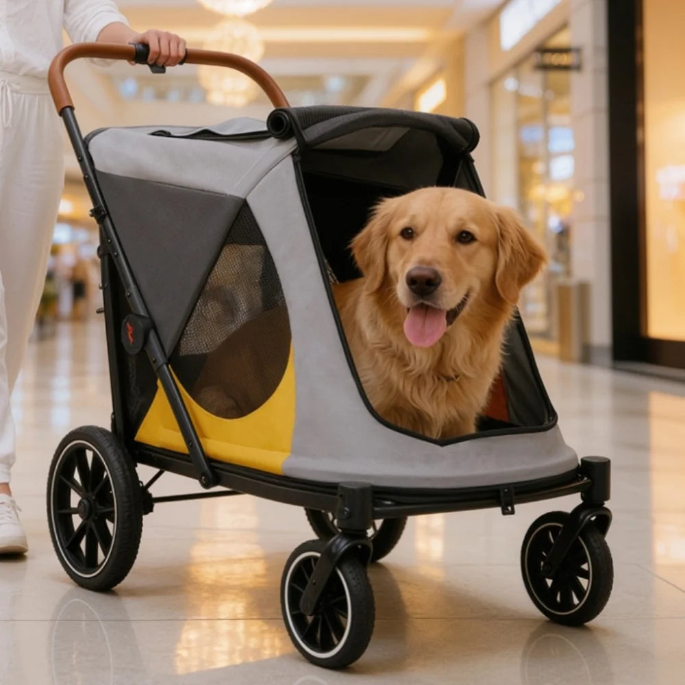 Foldable Four Wheel Pet Stroller With Cushion And Cup Holder