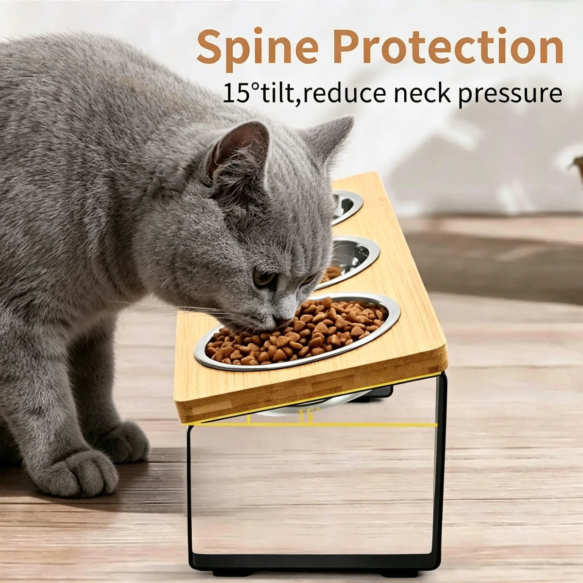 Elevated Bamboo Cat Feeder With Stainless Steel Bowls And Mat