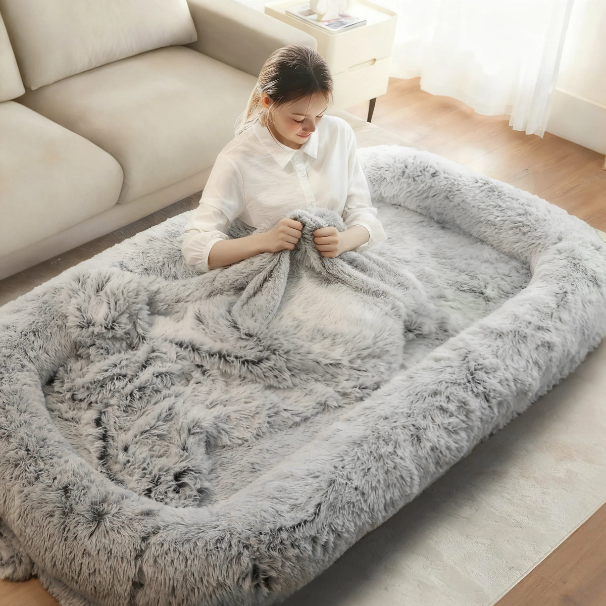Spacious Human Dog Bed With Orthopedic Faux Fur Removable Cover