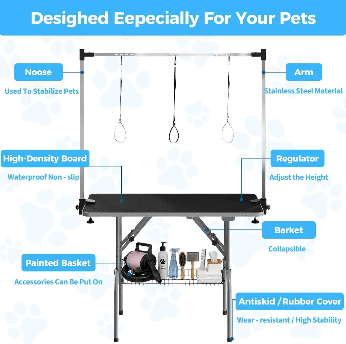 Garvee Stainless Steel Foldable Dog Grooming Table With Safety Loops
