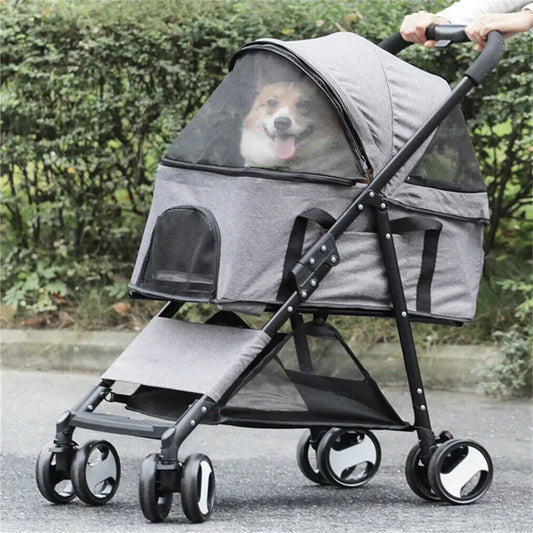 Foldable Pet Stroller With Detachable Storage Basket And Sturdy Wheels