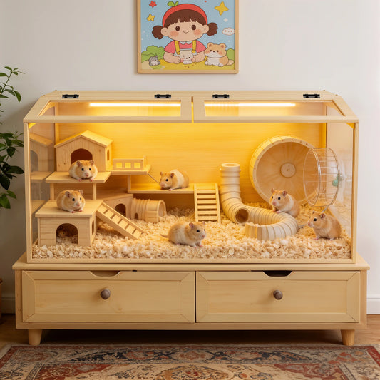 Wooden Hamster Cage With Tempered Glass And Built In Led Light