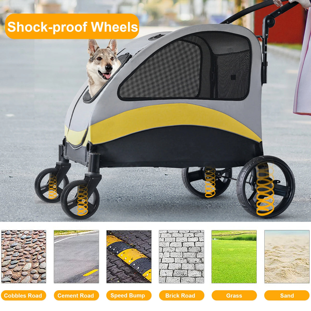 Four Wheel Foldable Dog Stroller With Shock Absorbing Wheels