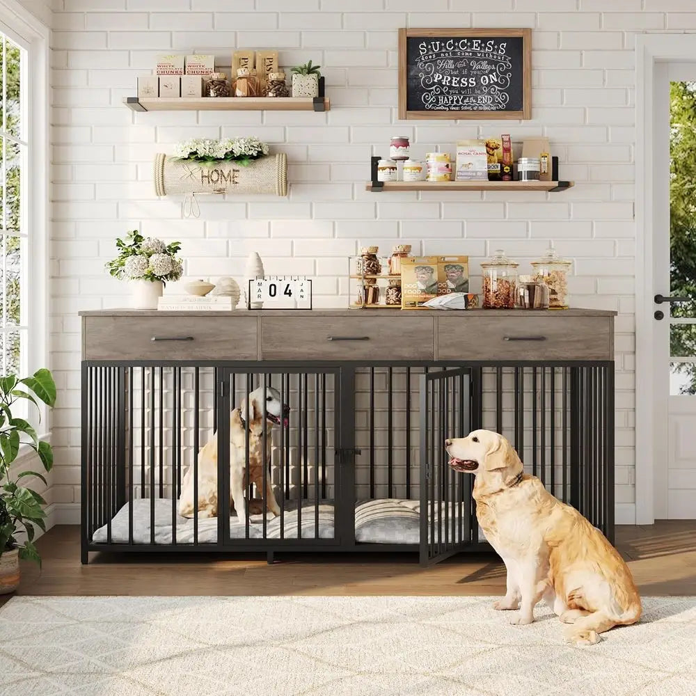 Furniture Style Double Dog Crate With Tabletop And Storage Drawers